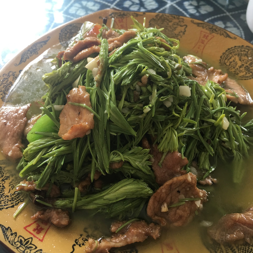 午餐三月街附近的刘家饭店,这个是松尖炒肉,原来松树也能吃啊,味道