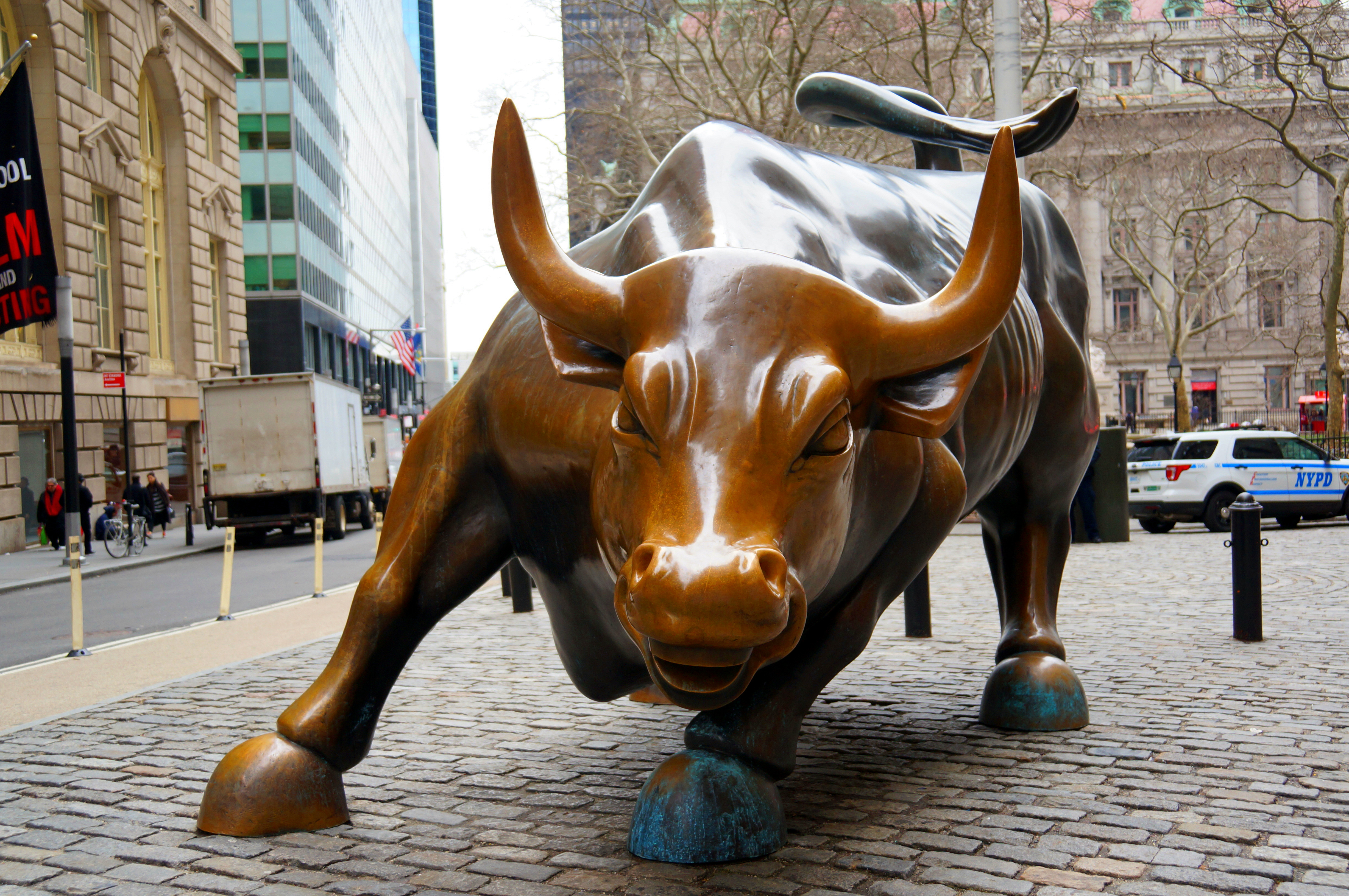 铜牛(charging bull)雕塑,代表股市牛市,是美国资本主义最为重要