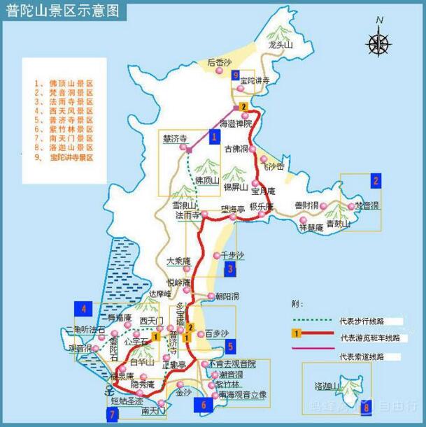普陀山的景点地图详见图片,推荐路线: d1:码头——南天门——南海