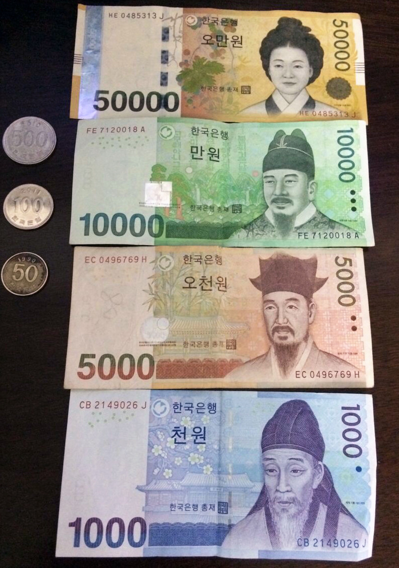 纸币包括了:1000韩元,5000韩元,10000韩元,50000韩元四种;硬币则包含