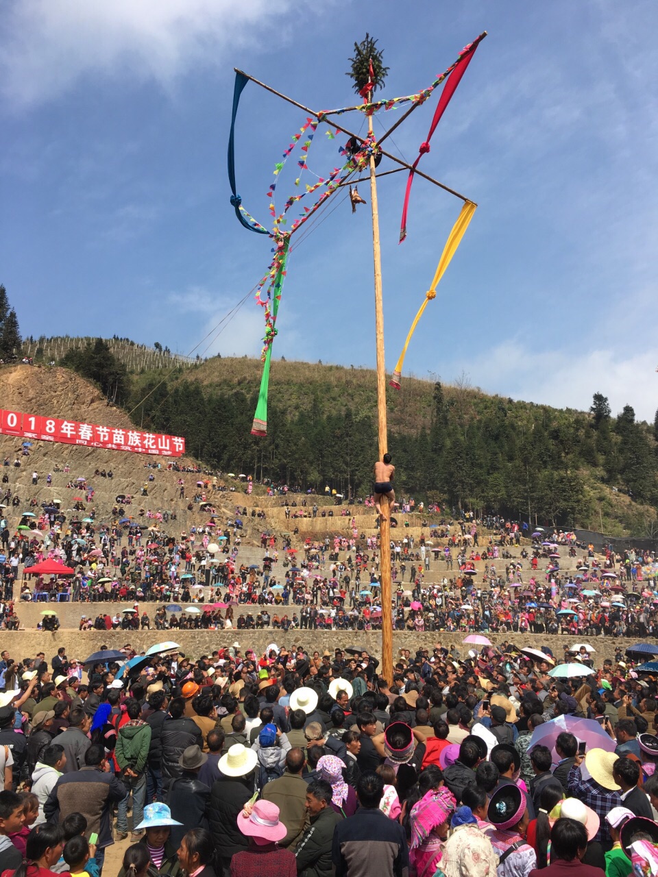 周边苗族,彝族,藏族等民族,正月初三到初七是苗族的花山节,爬花杆,对