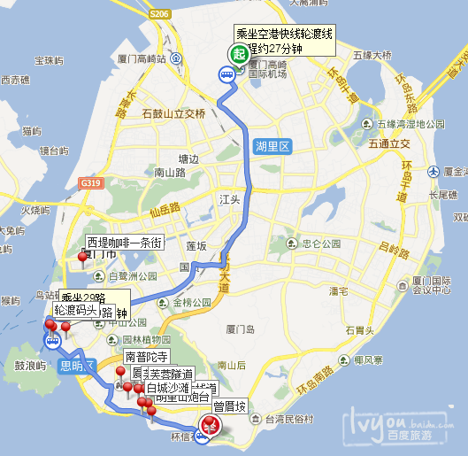 环岛路:可骑自行车骑行,一路风景很美,红色字体的为环岛经典线路