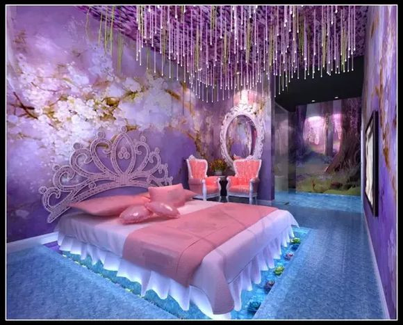 白雪公主迷失在紫色森林里的公主,在水晶床上,等待她的王子吻醒.