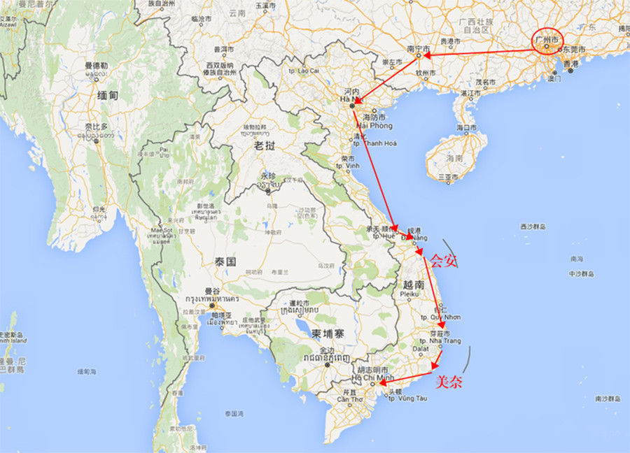 广州→南宁→河内→顺化→岘港→会安→芽庄→美奈→胡志明市→金边