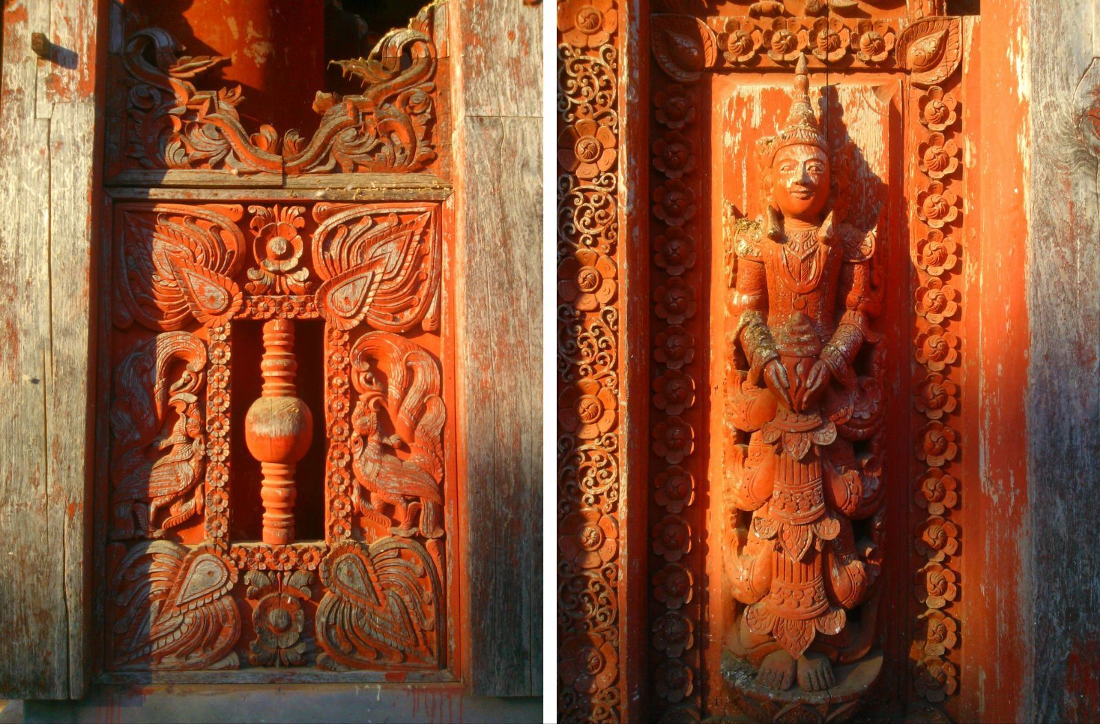 这是宝伽雅僧院,通俗的叫法是柚木寺,因为它通体完全是用柚木建成的总共有267根柚木柱子。柚木是一种主要产于东南亚的名贵树种,它在日晒雨淋干湿变化较大的情况下不翘不裂;耐水、耐火性强;能抗白蚁和不同海域的海虫蛀食,极耐腐,在缅甸被称为国宝。 该寺院建于1770年代,可能是因为当年缅甸的王室就在这里接受教育的原因吧,柚木寺的建筑极其精美,柚木做成的栏杆门窗上雕满了精细繁丽的花纹。现如今,王公贵族已是没有了,但这座建筑还是保留了学习的功能。今天这里是小沙弥学习的地方,朝南的窗台下摆着几张小座椅,小沙弥每天都在
