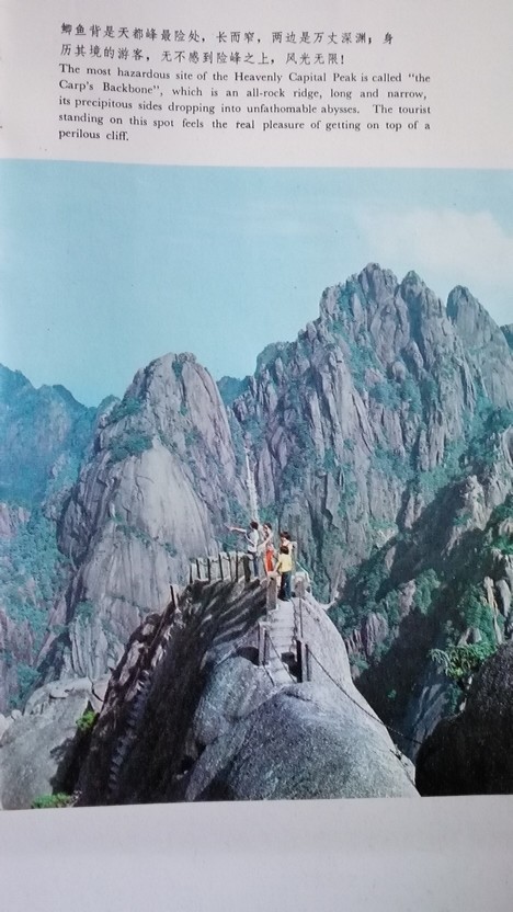 天都峰是黄山三大主峰中最险峻的(1934年才凿石成磴),海拔1810米,有