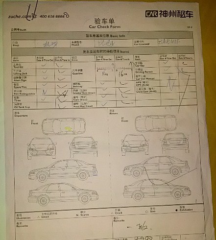 神州的验车单,好简单,只有外观(是否有外伤),但对是否有内伤是一律