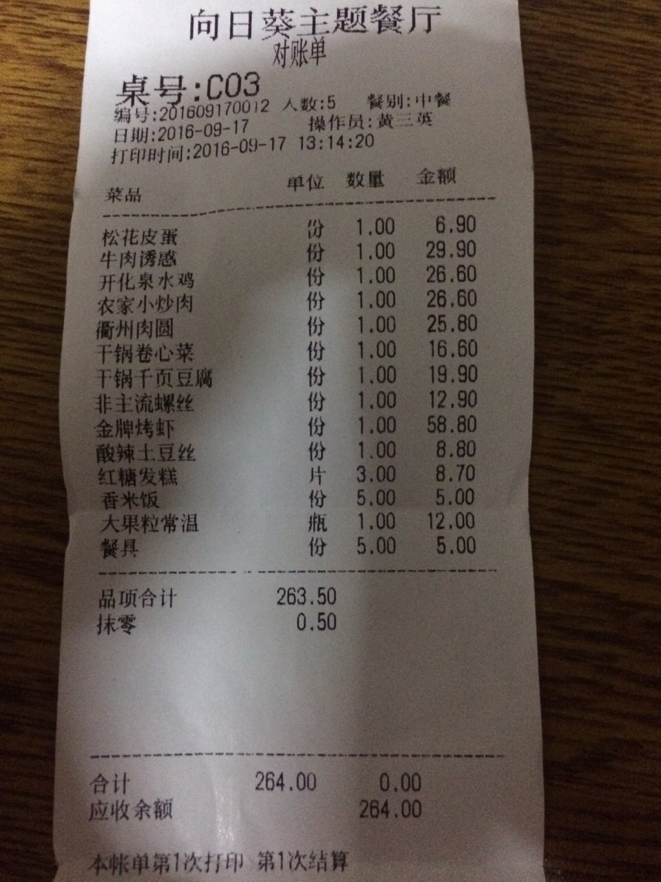 账单品项合计是2635写着抹零最后合计竟然是26400过了几天才来评价