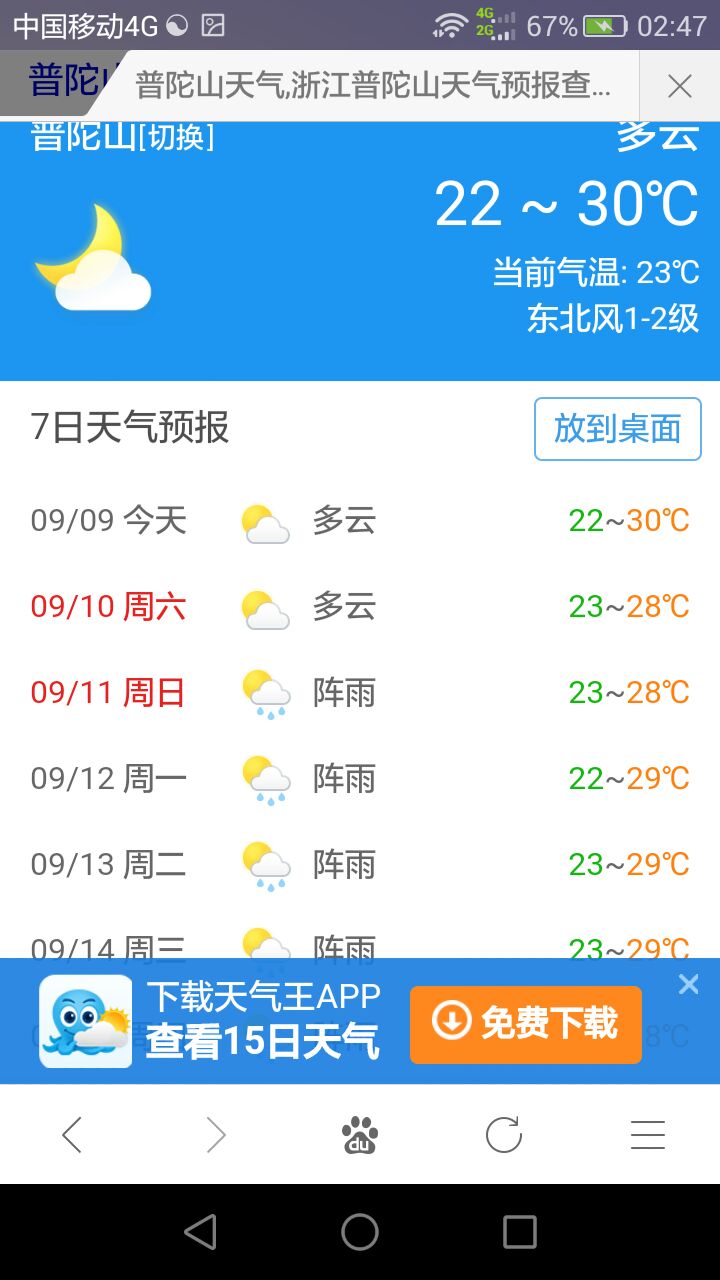 普陀山9月11日至9月13日的天氣