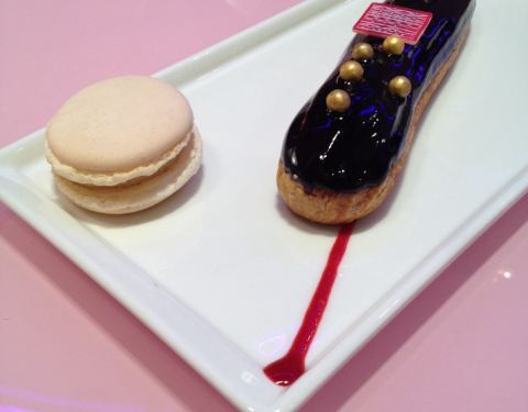 great chocolate & date eclairs, vanilla macaron and tea