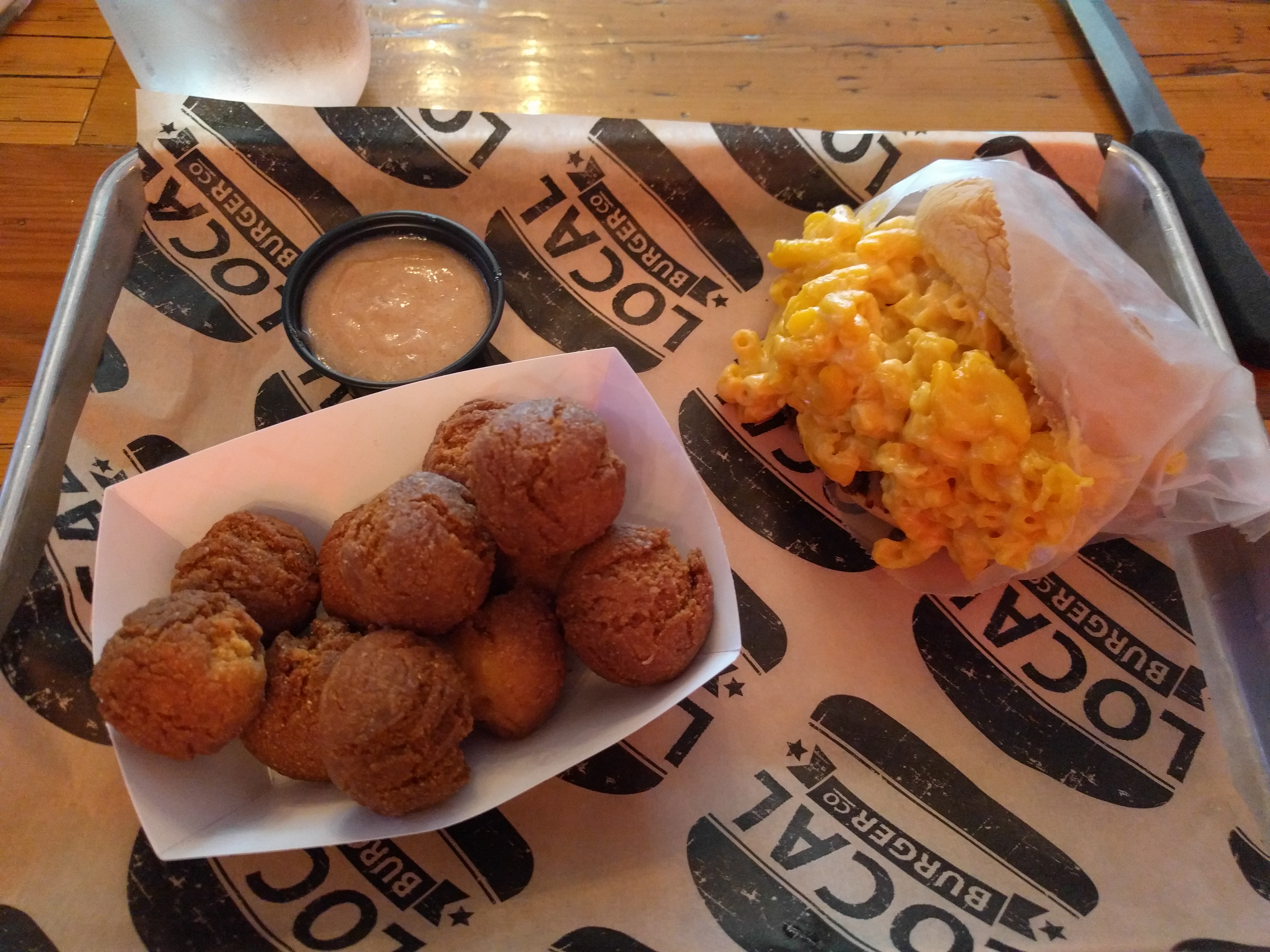 the hush puppies are addicting. get the mac & cheese burger!