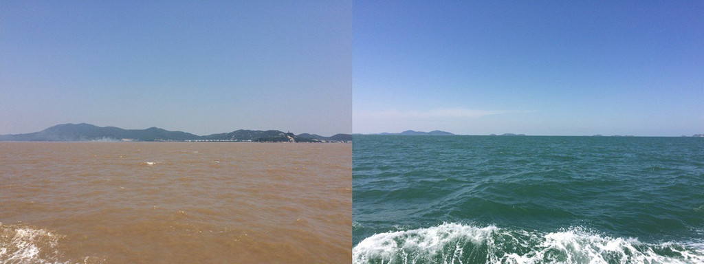上面的图可以明显看出青蓝和浑浊黄色海水的分界线 船行在不同颜色的