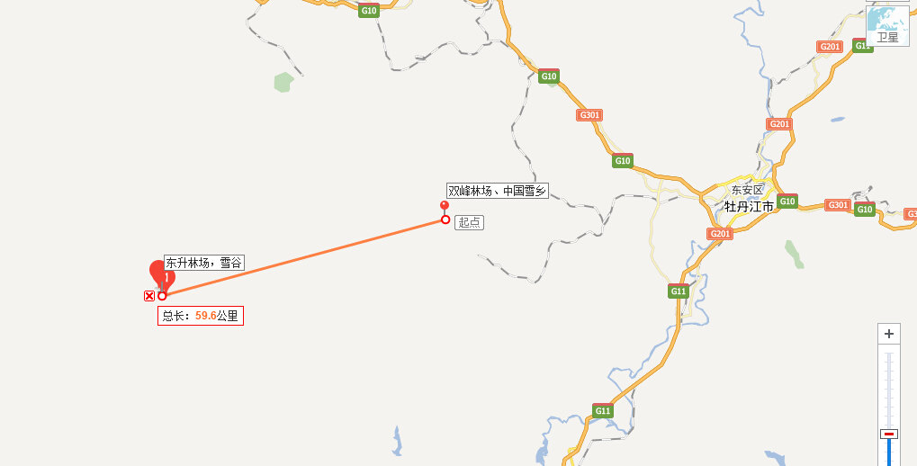 查了一下,据说雪乡就是双峰林场,雪谷就是东升林场,但是在地图上一量