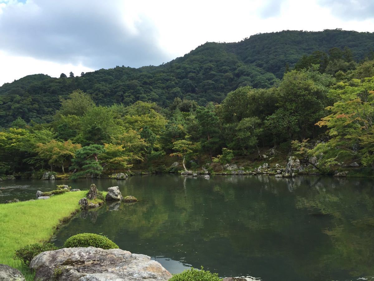 携程攻略 京都天龙寺景点 曹源池庭园很美 也是世界文化遗产 坐在走廊上看庭园 山水树木小鸟