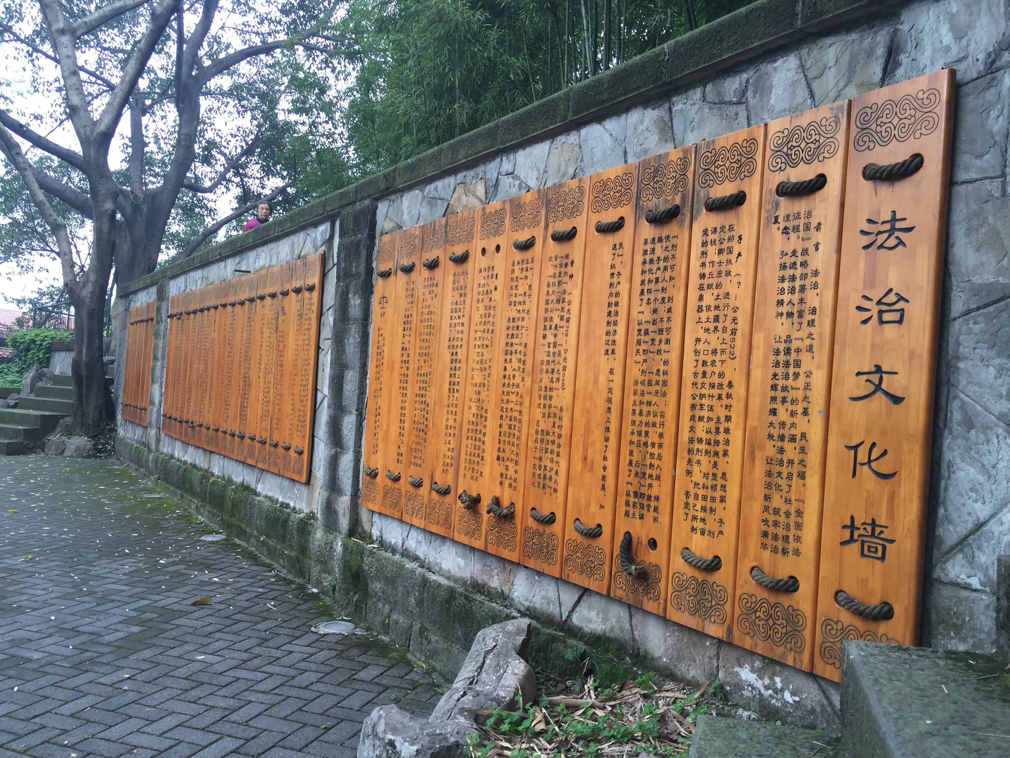 走进去,里面树木成荫,感觉有些压抑,转身看见了一面墙的法治文化墙.