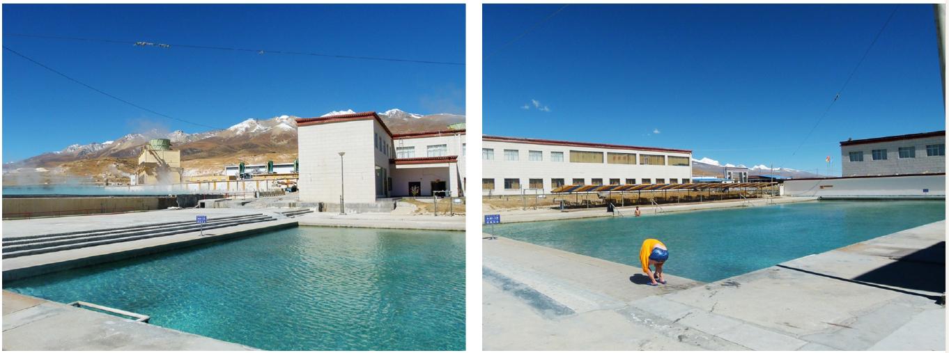 温泉就在羊八井地热电厂对面,远远就可以看到袅袅升腾的热气.