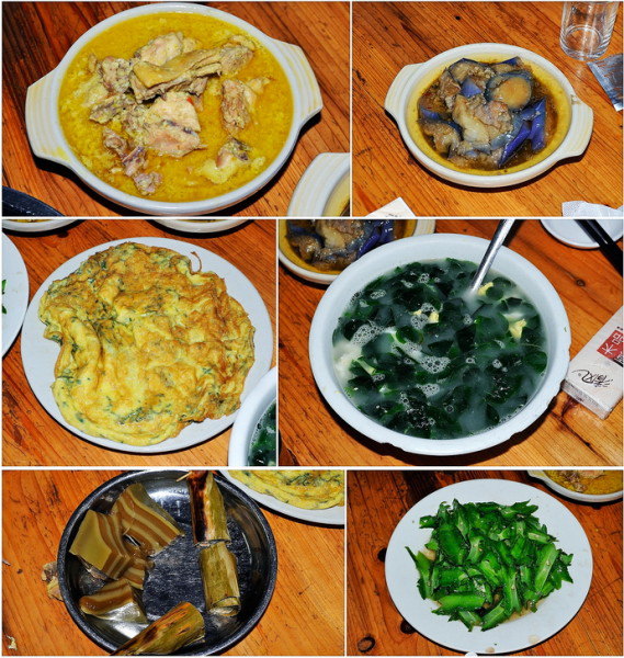 thai差不多),茄子釀,野菜煎土雞蛋(普通),樹葉湯,斑斕糕(好吃),糯米卷